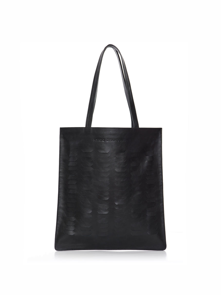 Black laser-cut leather bag